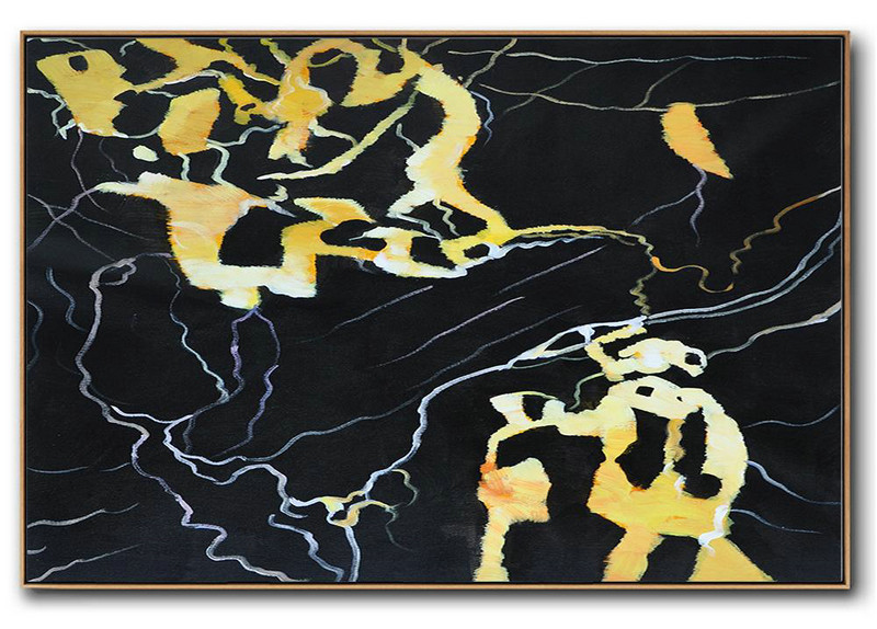Extra Large 72" Acrylic Painting,Hand Painted Oversized Horizontal Abstract Marble Art On Canvas,Original Art Acrylic Painting,Earthy Yellow ,Black,White.etc